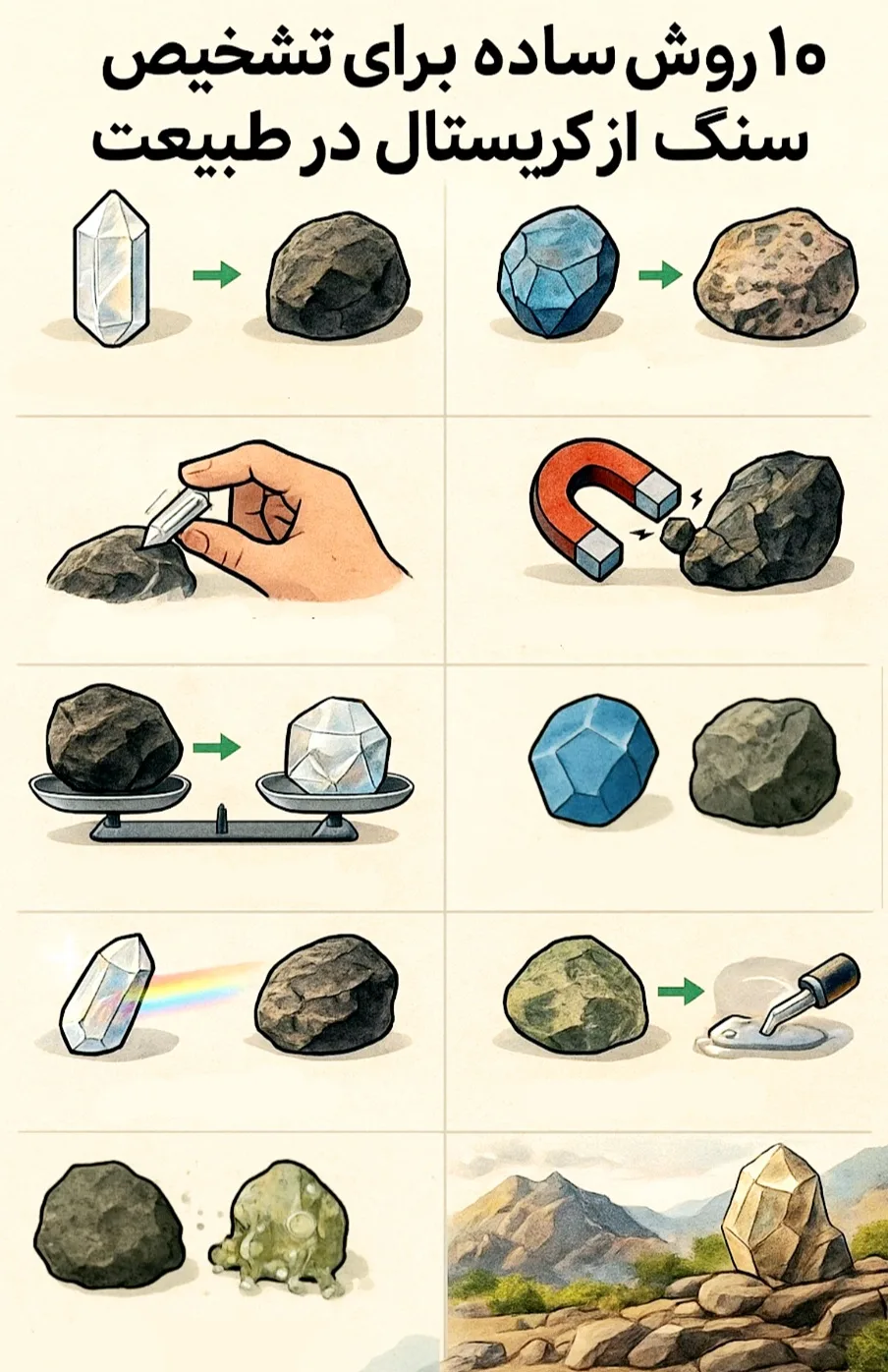 ۱۰ روش ساده برای تشخیص سنگ از کریستال‌ در طبیعت